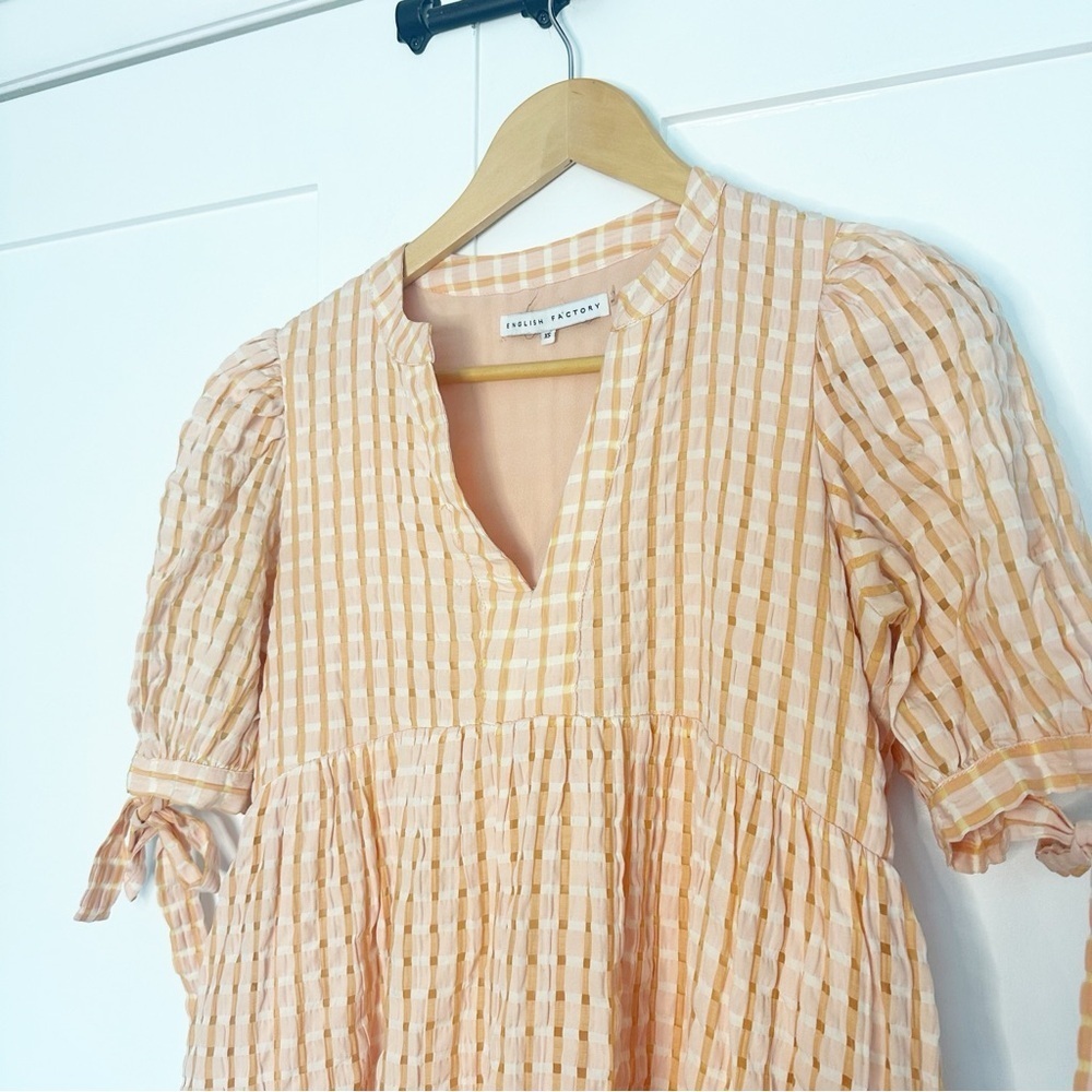 English factory Gingham Tiered Midi Dress Bow Tie Sleeves Orange XS pockets pink - Picture 7 of 14